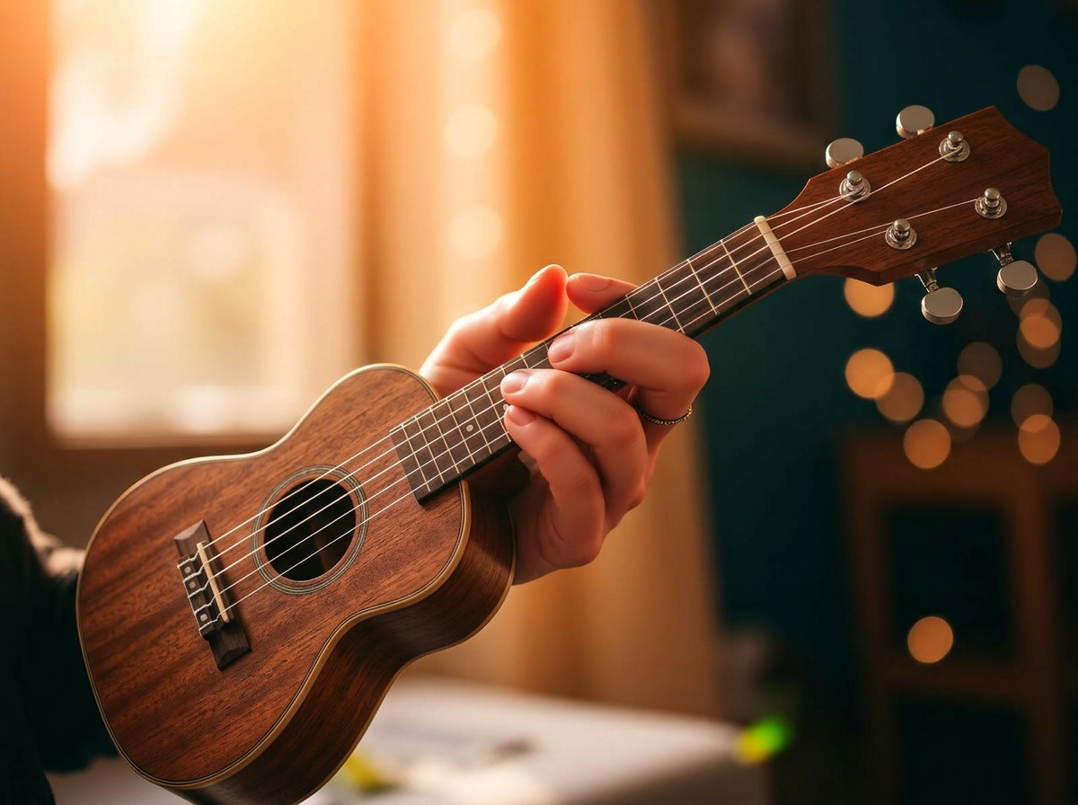 Hands strumming a soprano ukulele in golden light